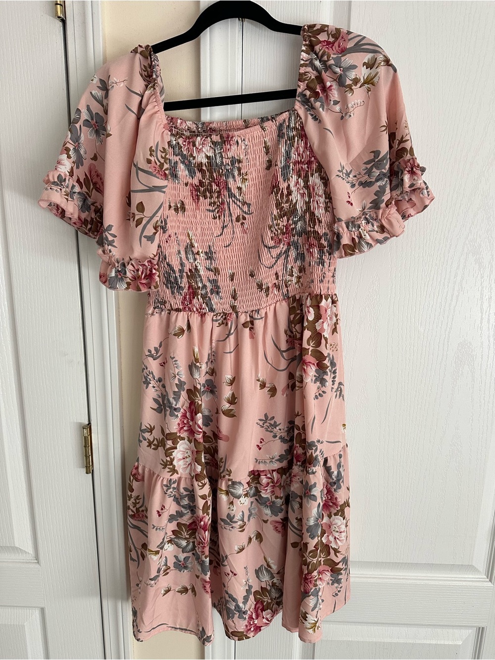 Pink Floral Smocked Midi Dress Shein